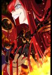  1girl black_bodysuit blood blood_from_mouth blood_on_arm bodysuit cape chain collared_cape crazy_smile family_crest fate/grand_order fate_(series) fire hair_over_one_eye highres medallion oda_nobunaga_(fate) oda_nobunaga_(maou_avenger)_(fate) oda_uri pirohi_(pirohi214) popped_collar red_cape red_eyes red_theme redhead smile solo tight_top 