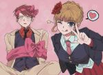  1boy 1girl ;q beatrice_(umineko) black_jacket black_necktie black_vest blonde_hair blunt_bangs blush bound buttons collared_shirt flower grey_pants grey_suit hair_flower hair_ornament jacket looking_at_viewer necktie one_eye_closed open_clothes open_jacket pants pink_background pink_necktie red_flower red_shirt redhead rxnal0 shirt short_hair sitting smile suit tied_up_(nonsexual) tongue tongue_out umineko_no_naku_koro_ni ushiromiya_battler vest w white_shirt 