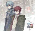  2boys alternate_costume blue_hair braid coat fujo0t4ku glasses grey_coat grey_scarf highres hood hoodie long_sleeves looking_at_viewer maeno_aki male_focus multiple_boys open_mouth red_eyes redhead scarf short_hair short_hair_with_long_locks snow snowing ushirono_fuyu white_hoodie zeno_(game) 