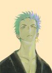  1boy black_kimono earrings expressionless faux_traditional_media green_hair highres japanese_clothes jewelry kimono looking_up male_focus nok_(nok_1) one_piece pectoral_cleavage pectorals roronoa_zoro scar scar_across_eye short_hair simple_background single_earring solo upper_body 