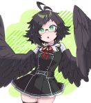  1girl 48okku antenna_hair black-framed_eyewear black_feathers black_hair black_skirt black_thighhighs black_wings blush commentary english_commentary feathered_wings feathers glasses green_background green_eyes harpy looking_at_viewer medium_hair monster_girl open_mouth original pleated_skirt semi-rimless_eyewear skirt solo thigh-highs two-tone_background white_background winged_arms wings 