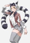  1girl belt black-framed_eyewear black_hair black_jacket bob_cut brown_jacket commentary extra_ears eyewear_on_head grey_background grey_shorts grey_thighhighs hand_on_headwear highres jacket kemono_friends lemur_ears lemur_tail long_sleeves long_tail looking_at_viewer multicolored_clothes multicolored_hair multicolored_jacket open_clothes open_jacket orange_eyes parted_lips ring-tailed_lemur_(kemono_friends) shirt short_hair short_shorts shorts simple_background skindentation smile solo striped_tail sunglasses tail tanabe_(fueisei) thigh-highs two-tone_hair white_hair white_jacket white_shirt 