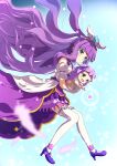  2girls :d bare_shoulders blue_background blue_eyes closed_mouth commentary_request cure_majesty dress dual_persona ellee-chan floating_hair heart high_heels highres hirogaru_sky!_precure long_hair multiple_girls pleated_dress precure purple_dress purple_footwear purple_hair shoes smile thigh-highs tsuyukina_fuzuki two_side_up very_long_hair white_thighhighs 