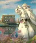  1boy absurdres animal_on_hand blanca_(fate) blue_eyes blue_sky bug cape clouds cloudy_sky commentary_request crown fate/grand_order fate_(series) fujigaya_seizo fur-trimmed_cape fur_trim grass highres male_focus moth oberon_(fate) sky standing white_cape white_hair 