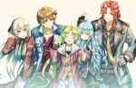  2boys 3girls ahoge animal_ears ao_no_kiseki aqua_necktie belt black_coat black_hairband black_shirt black_skirt blue_coat blue_hair brown_hair brown_pants closed_eyes coat collared_shirt dog_tags eiyuu_densetsu elie_macdowell facing_viewer fake_animal_ears green_eyes green_hair grey_coat grey_shirt grin hairband hajimari_no_kiseki hood hooded_coat hwhh kea_(eiyuu_densetsu) lloyd_bannings long_hair looking_at_another multicolored_coat multiple_boys multiple_girls necktie open_clothes open_coat pants parted_lips pleated_skirt purple_vest randolph_orlando red_coat red_shirt redhead sen_no_kiseki sen_no_kiseki_iv shirt short_hair shorts simple_background skirt smile tio_plato twintails two-tone_coat two_side_up vest white_coat white_hair white_shorts yellow_eyes yellow_necktie zero_no_kiseki 