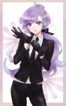  1girl anabel_(pokemon) ass_visible_through_thighs black_gloves black_jacket black_necktie black_pants collared_shirt commentary_request earpiece formal gloves jacket long_hair long_sleeves low_ponytail necktie pants pokemon pokemon_sm purple_hair rikovui shirt solo violet_eyes white_shirt 