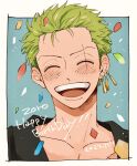  1boy :d ^_^ bad_id bad_twitter_id closed_eyes closed_mouth confetti green_hair happy_birthday highres inactive_account male_focus one_piece pipitos65 portrait roronoa_zoro scar scar_across_eye short_hair smile solo 