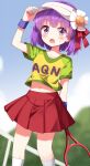  1girl alternate_costume arm_up commentary_request flower hair_flower hair_ornament hieda_no_akyuu highres midriff miniskirt open_mouth pleated_skirt purple_hair racket red_skirt ruu_(tksymkw) short_hair skirt socks solo tennis_racket touhou violet_eyes 