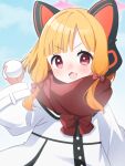  1girl absurdres animal_ear_headphones animal_ears blonde_hair blue_archive blush bow coat fake_animal_ears hair_bow halo headphones highres holding holding_snowball long_sleeves looking_at_viewer momoi_(blue_archive) open_mouth petako_(ptpt_k) pink_halo red_bow red_eyes red_scarf scarf short_hair snowball solo upper_body white_coat 