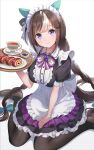  1girl alternate_costume animal_ears apron blush braid breasts closed_mouth enmaided food hair_ornament haskap highres hokko_tarumae_(umamusume) horse_ears horse_girl kuze_kaname large_breasts long_braid long_hair looking_at_viewer maid maid_headdress plate seiza simple_background sitting smile solo tea tray twin_braids twintails umamusume violet_eyes white_background 