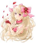  1girl blonde_hair chaos_marie_(grimms_notes) cleavage_cutout clothing_cutout flower grimms_notes hair_ribbon heart heart-shaped_pupils highres holding holding_flower jewelry long_hair looking_at_viewer necklace neneko_sleep open_mouth pink_eyes puffy_sleeves ribbon rose simple_background solo symbol-shaped_pupils upper_body white_background 