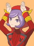  1girl courtney_(pokemon) cowlick dress fake_horns hands_up highres hood hood_up hooded_vest hoodie horned_headwear horned_hood horns long_sleeves mikan_(mikan_no_happa) pokemon pokemon_oras purple_hair raised_eyebrows red_dress red_sweater ribbed_dress ribbed_sweater sweater swept_bangs team_magma team_magma_uniform vest violet_eyes 