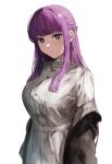  1girl black_coat blunt_bangs breasts closed_mouth coat dress expressionless frieren highres large_breasts long_hair looking_at_viewer open_clothes open_coat purple_hair raberu_ruru simple_background solo sousou_no_frieren turtleneck_dress upper_body white_background white_dress 