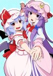  2girls blue_background blue_hair crescent crescent_hat_ornament dancing dress eichi_yuu hat_ornament jacket long_hair multiple_girls nervous patchouli_knowledge polka_dot polka_dot_background purple_dress purple_hair purple_headwear purple_jacket red_eyes remilia_scarlet shirt skirt touhou two-tone_dress very_long_hair violet_eyes white_headwear white_shirt white_skirt 