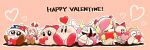 1other 2boys 5girls :o ^_^ armor black_eyes blue_headwear blush bouncy_(kirby) bow brown_footwear chuchu_(kirby) closed_eyes closed_mouth commentary_request dress galacta_knight gloves grey_skirt hair_between_eyes hair_ribbon happy_valentine hat heart holding holding_heart horns jester_cap kirby kirby_(series) lalala_(kirby) long_hair long_sleeves looking_at_viewer marx_(kirby) mask multicolored_clothes multicolored_headwear multiple_girls outline pauldrons pink_background pink_hair red_bow red_dress red_eyes red_headwear red_ribbon ribbon ribbon_(kirby) satojoyu shadow shoes short_hair shoulder_armor simple_background sitting skirt smile susie_(kirby) swept_bangs u_u white_outline yellow_bow yellow_gloves yellow_horns
