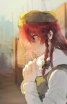  1girl beret blue_eyes bow braid from_side green_bow green_headwear green_vest hair_bow hat highres hong_meiling liangyilin long_hair long_sleeves profile redhead shirt solo touhou vest white_shirt 