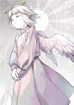  1girl ahoge angel angel_wings blunt_bangs blurry closed_eyes closed_mouth commentary_request dress feathered_wings grey_background halo highres himurohiromu long_sleeves original own_hands_together short_eyebrows short_hair solo wings 