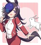  1girl alternate_costume animal_ears black_hair blush breasts flower gym_uniform hair_over_one_eye hat horse_ears horse_girl horse_tail long_hair moja_(moja4192) open_mouth pants rabbit rice_shower_(umamusume) simple_background small_breasts solo tail track_pants umamusume violet_eyes 