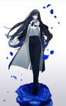  1girl ado_(utaite) black_bow black_bowtie black_coat black_footwear black_hair black_pants blue_eyes blue_flower blue_hair blue_rose bow bowtie chando_(ado) closed_mouth cloud_nine_inc coat collared_shirt colored_inner_hair commentary dress_shirt falling_petals floating_hair flower flower_brooch full_body gloves gongonbe hair_between_eyes hand_on_own_chest highres long_hair long_sleeves looking_at_viewer mole mole_under_eye multicolored_hair open_clothes open_coat pants petals rose shirt solo symbol-only_commentary two-tone_hair utaite white_gloves white_shirt 