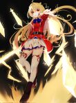  1girl ahoge blonde_hair blood blood_on_clothes blood_on_face blood_on_hands hair_intakes highres hikikomari_kyuuketsuki_no_monmon long_hair long_sleeves magic nary red_eyes red_uniform sword terakomari_gandezblood thigh-highs vampire weapon 