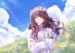  1girl :d bouquet brown_hair cardia_beckford clouds code:realize day dress green_eyes head_wreath holding holding_bouquet kusuhara_09 long_hair long_sleeves outdoors smile solo sunlight upper_body white_dress 