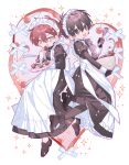  2boys apron black_dress bow brown_eyes brown_hair cherry crossdressing dress food fruit fujo0t4ku heart long_sleeves maeno_aki maid maid_apron maid_headdress male_focus multiple_boys pink_eyes redhead short_hair sparkle star_(symbol) tsugino_haru white_bow zeno_(game) 