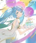  1girl absurdres backless_dress backless_outfit balloon blue_hair cake candle commentary_request confetti dress eyelashes faruzan_(genshin_impact) food from_side genshin_impact green_eyes hair_ornament highres holding holding_cake holding_food icing ikura_kun light_blue_hair looking_at_viewer looking_to_the_side parted_lips short_sleeves smile solo twintails upper_body white_dress 