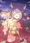  1girl animal_ears cat_ears cat_girl cat_tail commission green_eyes hair_ornament highres holding_fireworks japanese_clothes kimono original purple_hair red_kimono sash skeb_commission smile tail tyakomes 