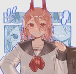  ! !! 1girl alternate_costume bag black_sailor_collar chainsaw_man cross-shaped_pupils demon_horns ear_piercing grin hair_between_eyes holding holding_bag horns long_hair looking_at_viewer neckerchief piercing pink_hair pkunooo power_(chainsaw_man) red_eyes red_horns red_neckerchief sailor_collar school_bag school_uniform serafuku shirt smile solo symbol-shaped_pupils white_shirt 