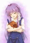  1girl =_= ^_^ absurdres animal blue_skirt blush blush_stickers boar botan_(clannad) clannad closed_eyes commentary_request cowboy_shot crossed_arms fujibayashi_kyou hair_between_eyes hair_intakes hair_ribbon high-waist_skirt highres hikarizaka_private_high_school_uniform holding holding_animal long_hair open_mouth purple_background purple_hair ribbon sailor_collar school_uniform serafuku shirt short_sleeves sidelocks simple_background skirt smile sok_(pixiv42912527) solo standing straight_hair summer_uniform suspenders tress_ribbon two-tone_background very_long_hair white_background white_ribbon white_sailor_collar white_shirt 