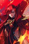  1girl black_bodysuit bodysuit cape chain collared_cape cowboy_shot family_crest fate/grand_order fate_(series) fire hair_over_one_eye highres looking_at_viewer medallion oda_nobunaga_(fate) oda_nobunaga_(maou_avenger)_(fate) oda_uri popped_collar red_cape red_eyes red_theme redhead sempon_(doppio_note) solo tight_top 