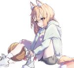  absurdres animal_ear_fluff animal_ears ball basket basketball_(object) blonde_hair burgerpackaging fluff fox_ears fox_tail highres hood hoodie looking_at_viewer non-web_source original pink_hair shorts shy surprised tail violet_eyes 