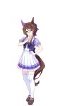  animal_ears breasts brown_hair closed_mouth full_body glasses hair_between_eyes hair_bun hair_ornament highres horse_ears horse_girl horse_tail looking_at_viewer medium_breasts official_art red_eyes ribbon royce_and_royce_(umamusume) school_uniform standing tail thigh-highs tracen_school_uniform transparent_background umamusume 