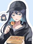  1girl absurdres ado_(utaite) baseball_cap black_bow black_bowtie black_hair black_headwear black_hoodie black_jacket blue_background blue_eyes blue_hair blush bow bowtie chando_(ado) chibi chibi_inset closed_eyes cloud_nine_inc collarbone colored_inner_hair commentary flower_brooch food food_on_face hair_between_eyes hat highres hood hood_down hoodie jacket long_hair long_sleeves looking_at_viewer mole mole_under_eye multicolored_hair open_mouth outline sidelocks simple_background takoyaki thumbs_up tongue tongue_out tsukuno_tsuki two-tone_hair upper_body utaite white_outline 