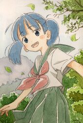  1girl blue_eyes blue_hair blush commentary_request green_sailor_collar green_skirt highres leaf looking_at_viewer medium_hair nanase-tan nanase774938 nature neckerchief open_mouth original outdoors painting_(medium) red_neckerchief sailor_collar school_uniform serafuku shirt short_sleeves skirt sky smile solo traditional_media tree twintails watercolor_(medium) white_shirt wind 