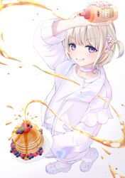  1girl blonde_hair blueberry food fruit highres hololive hololive_dev_is honey jacket pancake pancake_stack raspberry shoes smile sneakers strawberry theo_tartaros todoroki_hajime violet_eyes virtual_youtuber white_background 