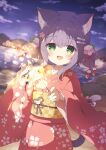  1girl :d animal_ears cat_ears cat_girl cat_tail commission green_eyes hair_ornament highres holding_fireworks japanese_clothes kimono original purple_hair red_kimono sash skeb_commission smile tail tyakomes upper_body 