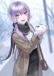  1girl absurdres bag bag_charm bare_tree blurry blurry_background blush charm_(object) coat highres holding long_sleeves looking_at_viewer nil_(pixiv_53614557) open_mouth outdoors pantyhose purple_hair scarf shirt_tucked_in short_hair_with_long_locks shoulder_bag skirt sleeves_past_wrists smile snow snow_rabbit snowing solo tree violet_eyes vocaloid voiceroid yuzuki_yukari 