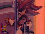  1boy animal_ears animal_nose bonelessbastion commentary english_commentary english_text furry furry_male gloves gun highres holding holding_gun holding_weapon male_focus pole red_eyes shadow_the_hedgehog shoes solo sonic_(series) tail weapon white_gloves 