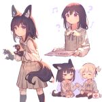  2girls ? aged_down animal_ear_fluff animal_ears animal_hands black_hair black_socks blonde_hair blush chibi chinese_commentary closed_mouth commentary_request dkl_(dinosaurkl2) dog_ears dog_girl dog_tail first_aid_kit gloves grey_skirt hair_ribbon highres indian_style inoue_takina kneehighs long_sleeves looking_at_viewer lycoris_recoil medium_hair multiple_girls multiple_views musical_note nishikigi_chisato one_side_up paw_gloves pleated_skirt red_ribbon ribbon sailor_collar school_uniform seiza serafuku shirt short_hair simple_background sitting skirt socks tail violet_eyes white_background white_sailor_collar white_shirt 