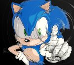  1boy animal_ears animal_nose black_background clgz_sonic closed_mouth furry furry_male gloves green_eyes highres looking_at_viewer male_focus ripples smile solo sonic_(series) sonic_the_hedgehog twitter_username white_background white_gloves 
