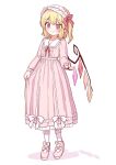  1girl blonde_hair blush crystal dress fang flandre_scarlet frilled_hairband frills hairband highres one_side_up oninamako pink_dress pink_footwear red_eyes short_hair simple_background slit_pupils smile solo touhou white_background white_hairband 