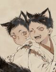  2boys animal_ears back-to-back black_hair brown_eyes dog_boy dog_ears dog_tail earrings eyeliner facepaint frown highres japanese_clothes jewelry kimono long_sleeves looking_at_viewer makeup male_focus mame_(mmgamegg) multiple_boys one_eye_closed open_mouth original partially_colored ribbon-trimmed_sleeves ribbon_trim shide short_hair tail upper_body wide_sleeves 