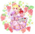  1girl aikatsu!_(series) blonde_hair blush dress earrings eyelashes flower food frilled_dress frills fruit hat highres holding holding_tray hoshimiya_ichigo jewelry long_hair mini_hat orange_eyes orange_ribbon parfait purple_dress r18ankou ribbon solo strawberry tray violet_eyes white_flower 