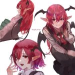  alternate_hair_length alternate_hairstyle bat_wings black_dress brown_eyes character_name collared_shirt commentary_request dress eneshi hair_between_eyes head_wings highres koakuma lips long_hair long_sleeves looking_at_viewer multiple_views necktie open_mouth pointy_ears red_eyes red_necktie redhead shirt short_hair simple_background sitting smile teeth tongue touhou white_background white_shirt wings 