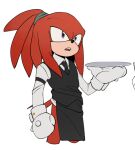  1boy alternate_hairstyle animal_nose apron chinese_commentary commentary_request furry furry_male gloves hair_up highres knuckles_the_echidna male_focus open_mouth ponytail simple_background solo sonic_(series) standing tray violet_eyes waiter white_background white_gloves yicuojinan 