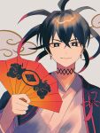  1boy absurdres black_hair choker colored_tips commentary crossed_bangs donten_ni_warau earrings hair_between_eyes hand_fan highres holding holding_fan japanese_clothes jewelry kimono kumou_tenka looking_at_viewer multicolored_hair redhead solo tsukuno_tsuki upper_body white_kimono 