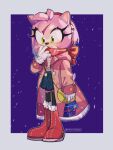  1girl amy_rose animal_ears animal_nose boots closed_mouth commentary english_commentary full_body furry furry_female gloves green_eyes highres historiaallen red_footwear simple_background solo sonic_(series) standing white_gloves 