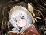  1girl ars_almal ars_almal_(1st_costume) blue_eyes blush book closed_mouth commentary cosmos_(cos_mos_f) hair_between_eyes hood hood_up looking_at_viewer nijisanji open_book smile solo upper_body virtual_youtuber white_hair 