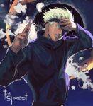  1boy absurdres artist_name black_blindfold black_headwear black_jacket blindfold blue_eyes cowboy_shot crossed_fingers english_text gojou_satoru grin highres jacket jujutsu_kaisen kornart long_sleeves looking_at_viewer male_focus nose short_hair smile solo white_hair 